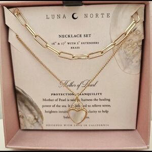 Luna Norte Mother of Pearl Heart & Layering Paperclip Necklace Set • NIB